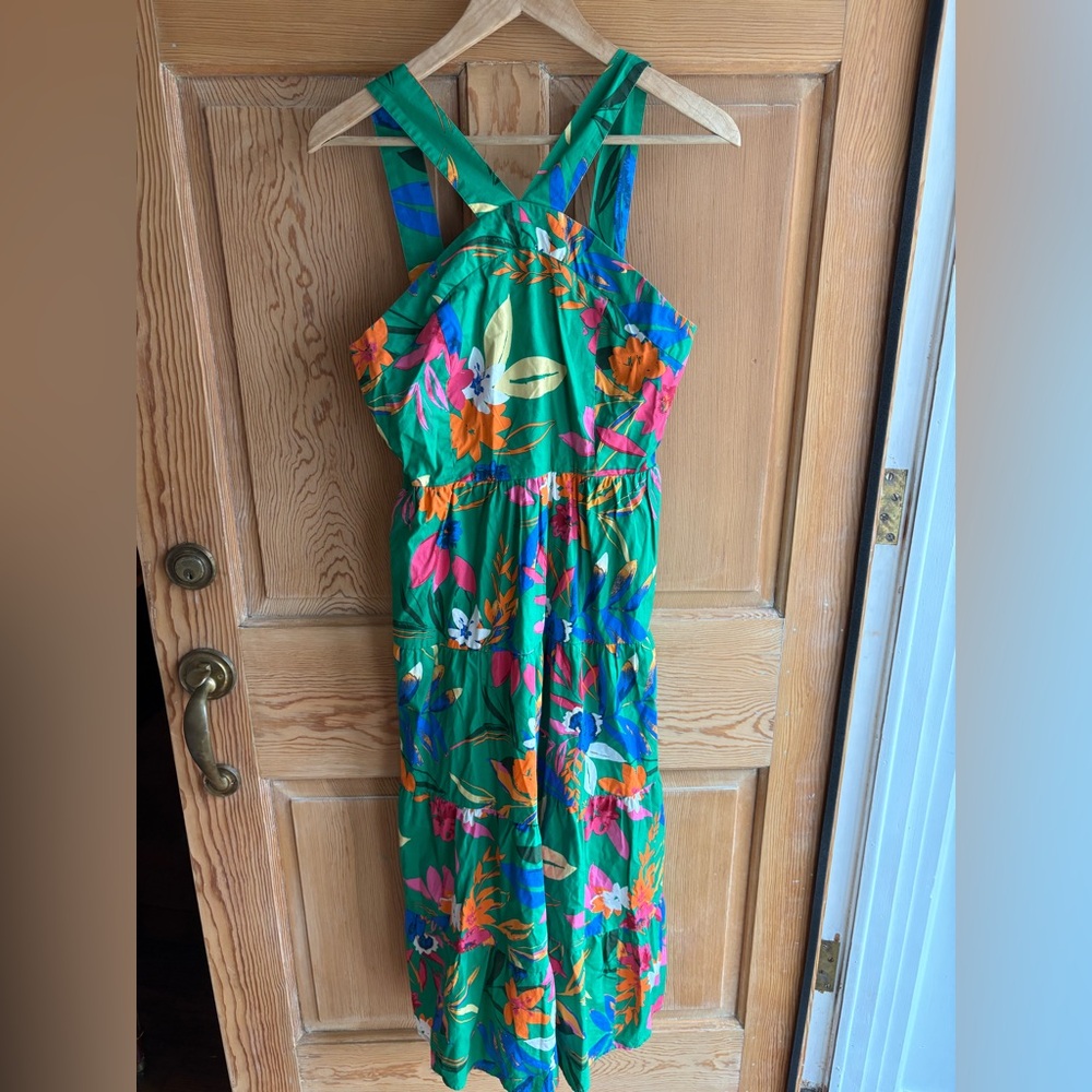 J. Crew Green Smocked Midi Dress | 100% Cotton | Farm Rio Vibes | Size 8 - Picture 4 of 14